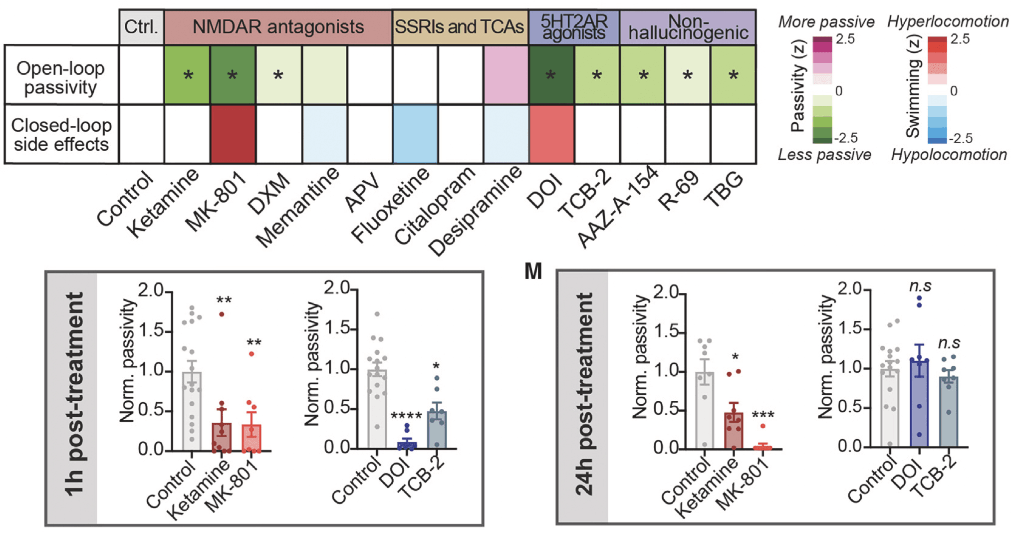 Matrix comparing open-loop passivity and closed-loop locomotor effects across compounds with different receptor targets